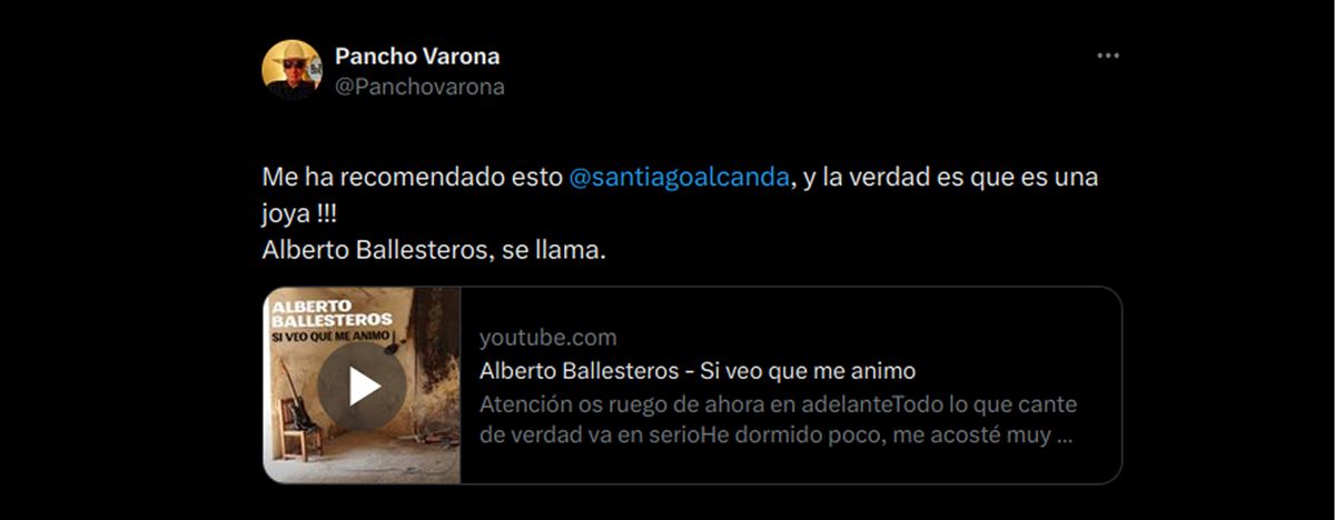 Captura de pantalla de una publicación de Pancho Varona: Me ha recomendado esto @santiagoalcanda, y la verdad es que es una joya !!! Alberto Ballesteros, se llama.